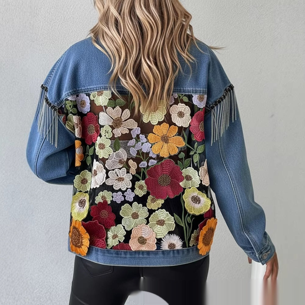 Blue Casual Denim Jacket With Embroidered Floral Lace Panels And A Turn Down Collar