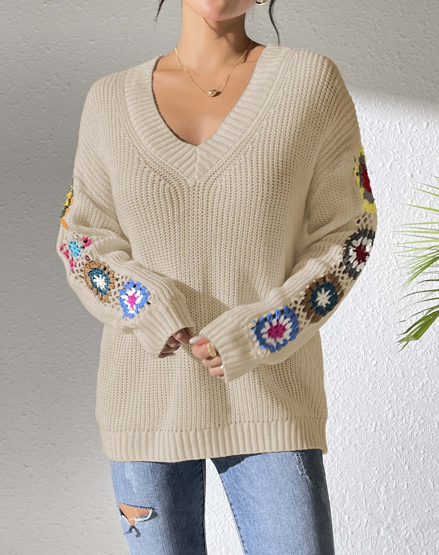 Autumn And Winter Crochet Stitching V-neck Pullover Sweater
