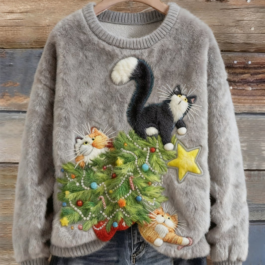 Womens Autumn Winter Christmas Cartoon Puppy Crew-Neck Sweatshirt