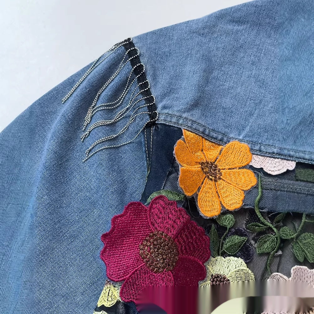 Blue Casual Denim Jacket With Embroidered Floral Lace Panels And A Turn Down Collar