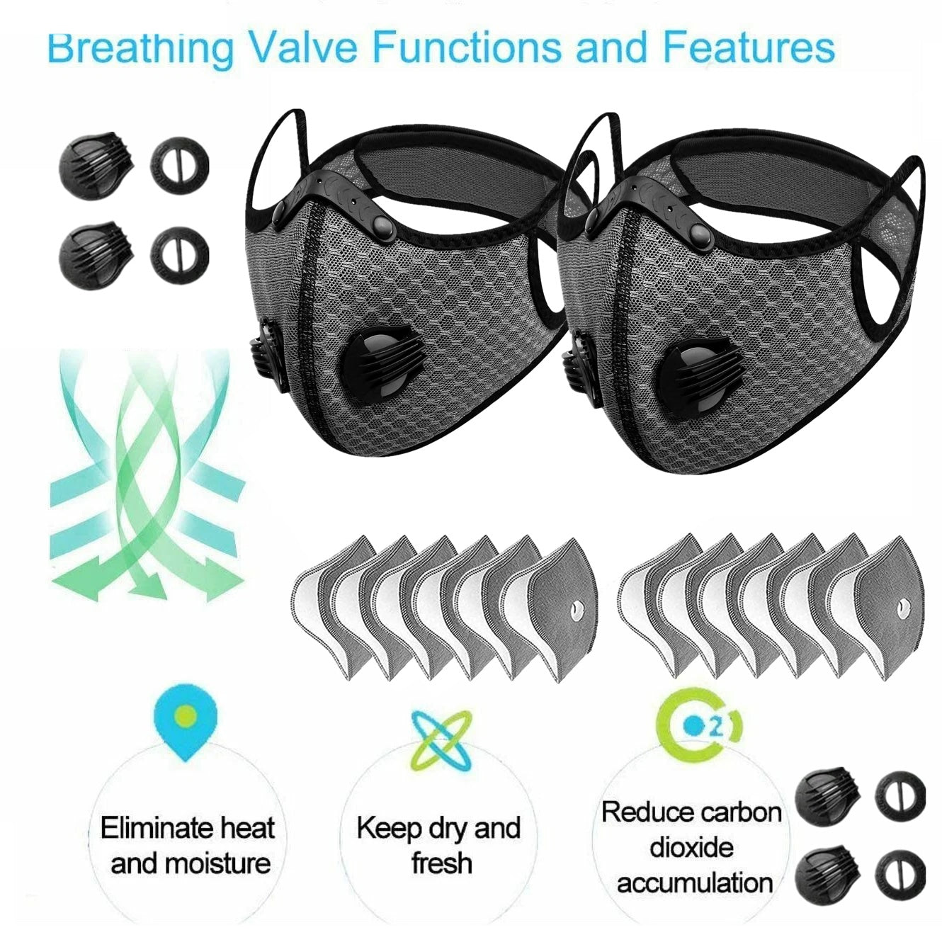 Sport Cycling Face Mask With Active Carbon Filter Breathing Valves Washable
