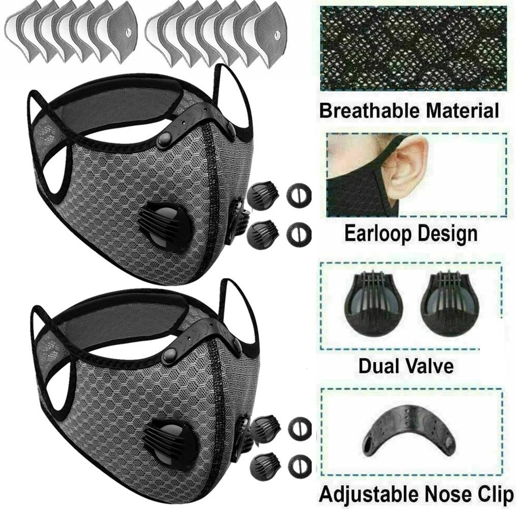 Sport Cycling Face Mask With Active Carbon Filter Breathing Valves Washable