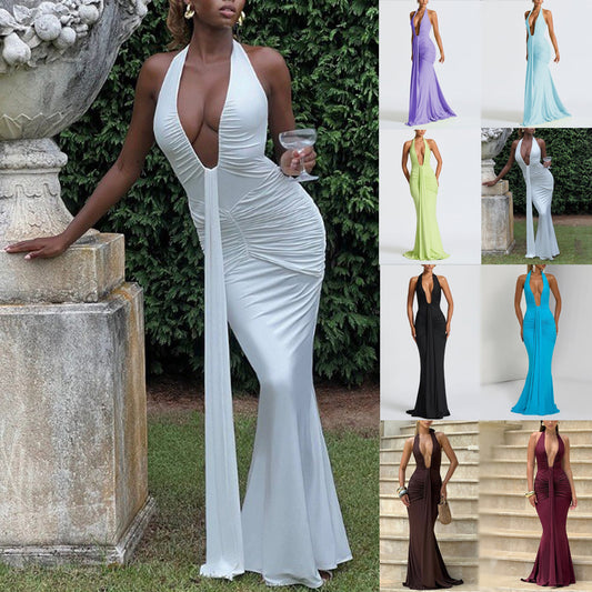 Solid Color Elegant Halter Deep V Waist-slimming Long Dress