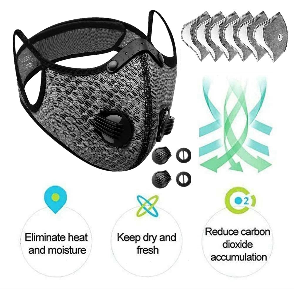 Sport Cycling Face Mask With Active Carbon Filter Breathing Valves Washable