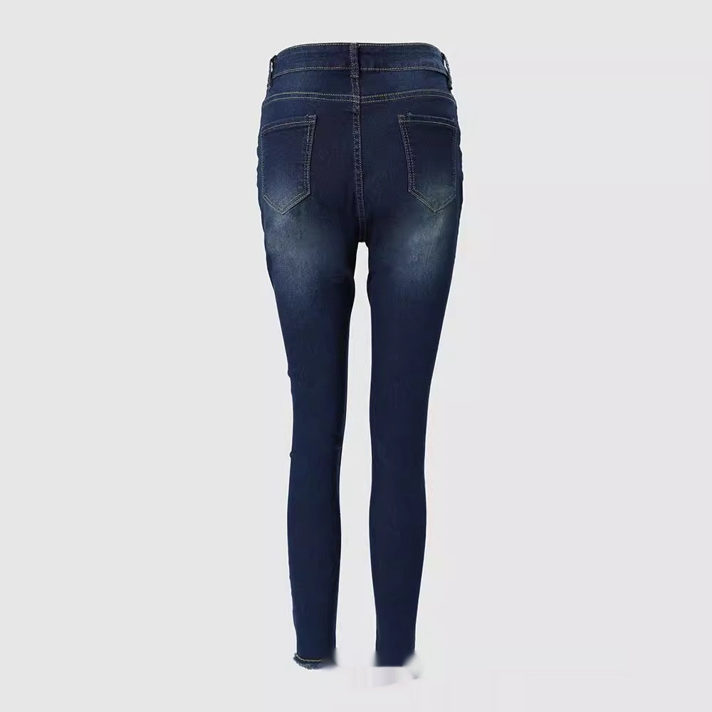 Dark Blue Metal-zipper Jeans From Europe And The US